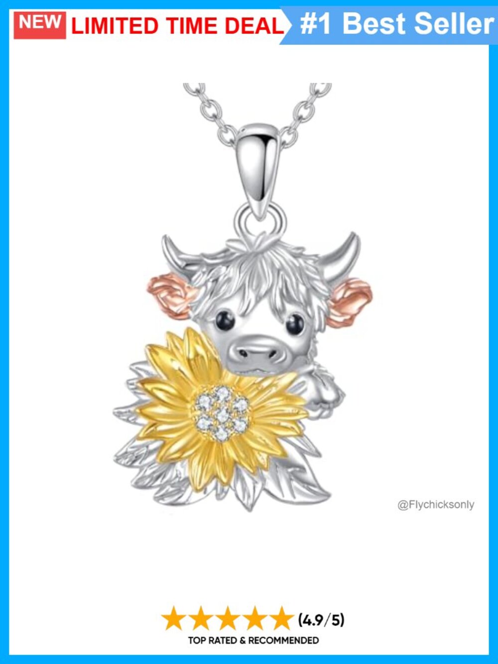 925 Sterling Silver Highland Cow Sunflower Pendant Necklace Lab Diamond